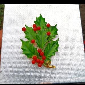 Vintage Signed WEISS Christmas Holly Branch with Berries Pin / Brooch Holidays
